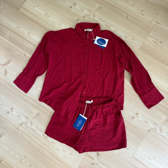 4th & Reckless Red Linen Beach Button up and Short Set - Picture 1 of 5